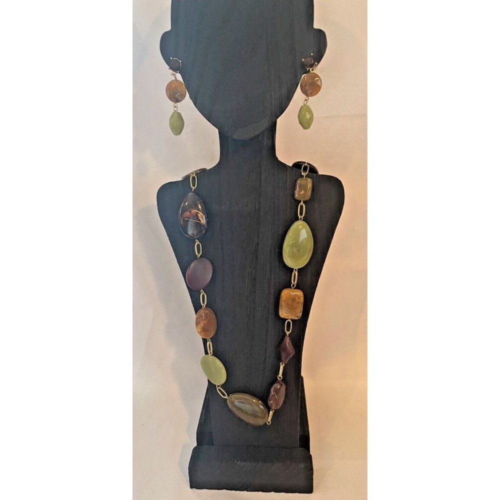 Beautiful Faux stone beaded necklace and earring set green, brown‎